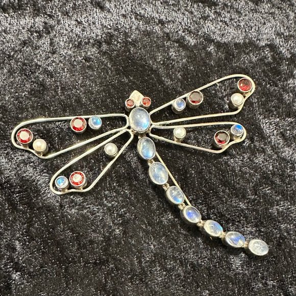 NICKY BUTLER STERLING SILVER MOONSTONE GARNET PEARL DRAGONFLY BROOCH PIN